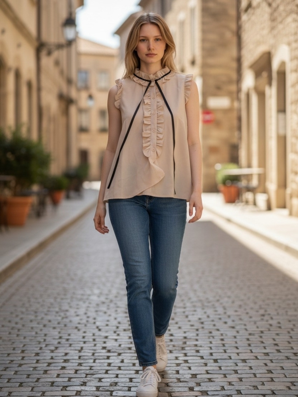 woman's beige sleeveless blouse featuring ruffled front decorative black ribbon - Picture 2 of 5